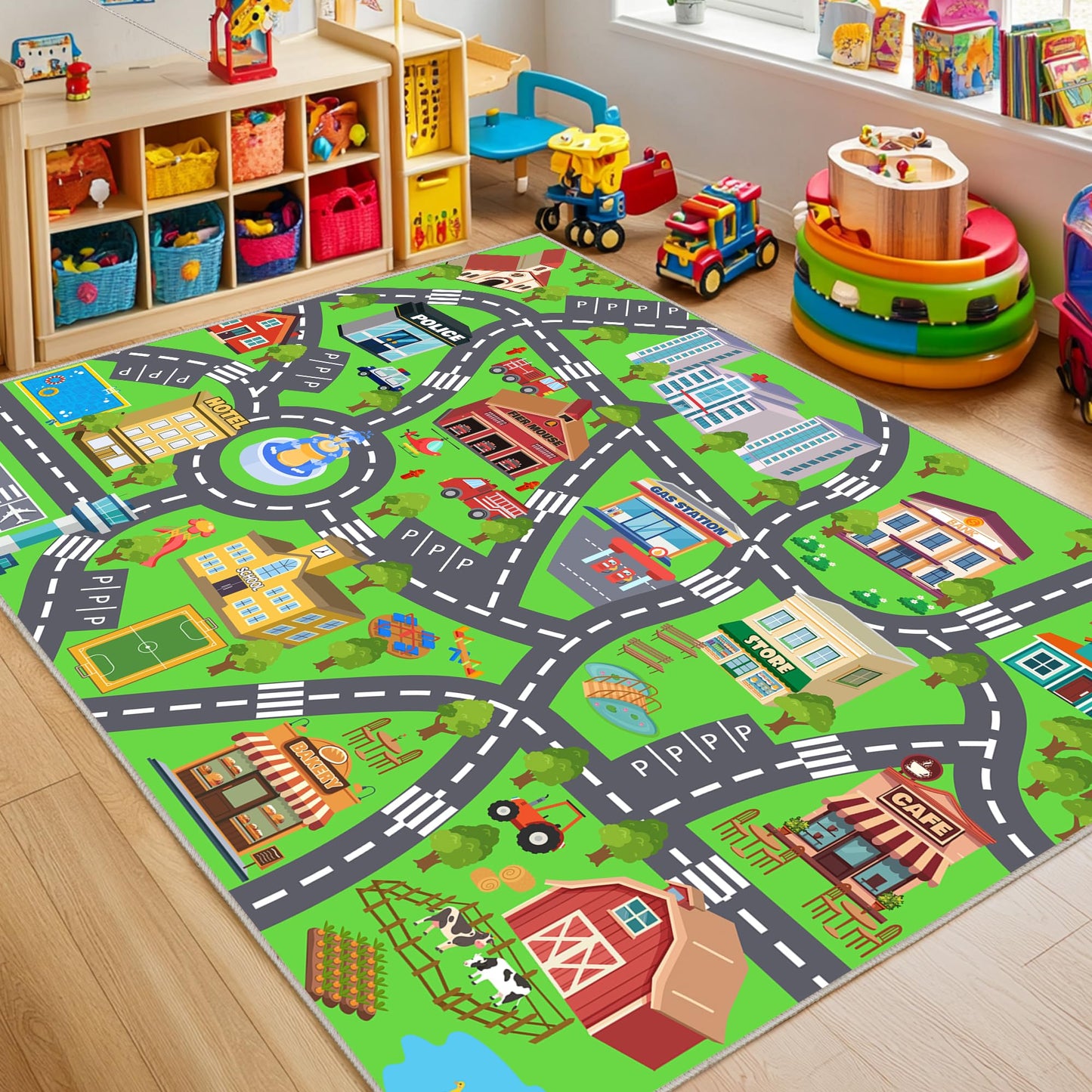 OHDS Kids Rugs for Playroom - Soft & Non-Slip 8x10 Feet Town City Map Road Rug Cars Play Mat, Childrens Road Catpet Washable Rug for Classroom Nursery Bedroom Boys