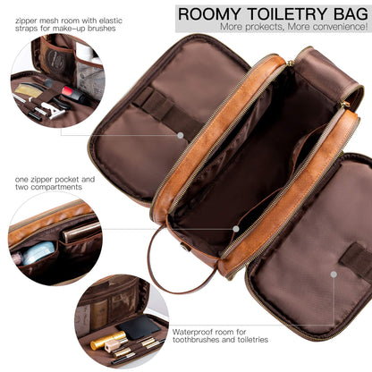 Elviros Water-Resistant PU Leather Toiletry Bag for Men Large Travel Wash Bag Shaving Dopp Kit Bathroom Gym Toiletries Makeup Organizer with Wet Dry Compartment (Brown)