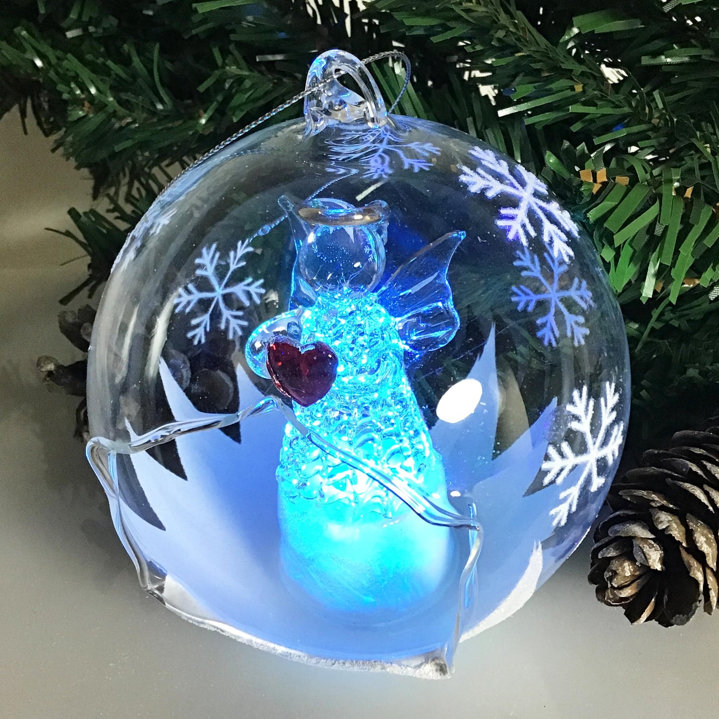 Angel with Red Heart Lighted Christmas Ball Ornaments - Hand Painted Glittery Snowflakes - Color Changing - 4 Hour Timer - 4" Diameter