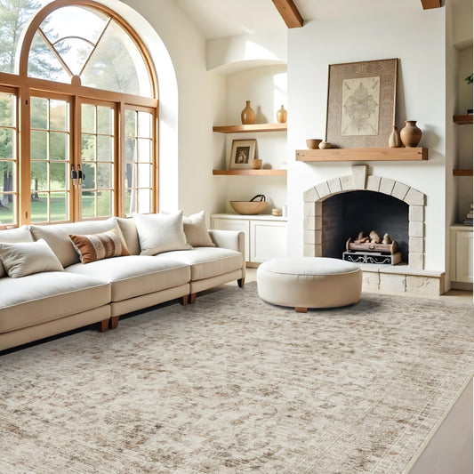 Living Room 9x12 Area Rugs - Large Boho Rugs for Living Room Stain Resistant Carpet Vintage Tribal Rugs for Bedroom with Non Slip Backing Home Decor Floor Decoration Mat 9x12 Beige/Brown