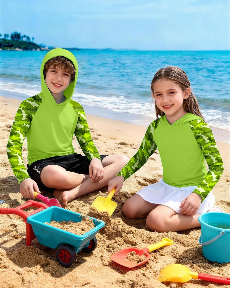 DRONIRING Boys Rash Guard Swim Hoodie, UPF 50+ UV Sun Protection Long Sleeve Fishing Shirt, Kids Youth SPF Water Shirts Lime Green