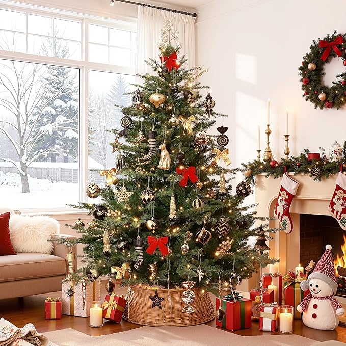 SHareconn 145pcs Christmas Balls Ornaments Set, Shatterproof Plastic Baubles Snowflakes, Xmas Tree Holiday Wedding Party Decorations with Hanging Strings, Gold and Black
