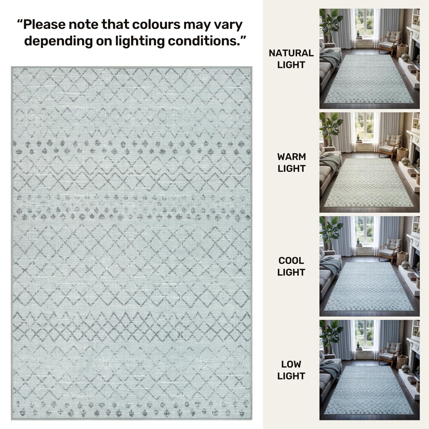 GLN Rugs Contemporary - Timgad - Machine Washable Runner Rug, Modern Washable, Non Slip, Low Pile Chenille Area Rug, Hallway, Bedroom, Kitchen Rug - Easy Clean (2'6" x 7' Gray 0166)