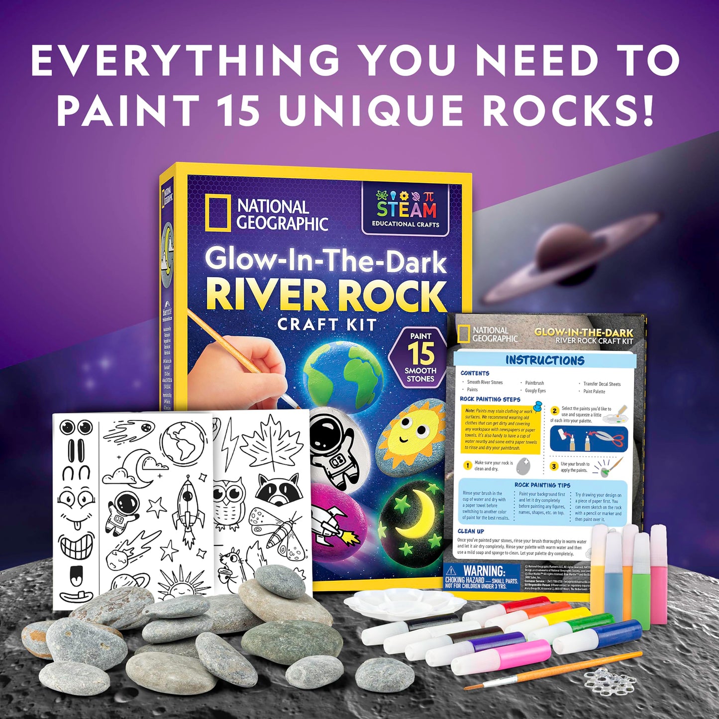 Blue Marble National Geographic Glow in The Dark Rock Painting Kit - Arts & Crafts Kit for Kids, Decorate 15 River Rocks with 15 Paints & Art Supplies, Kids Craft