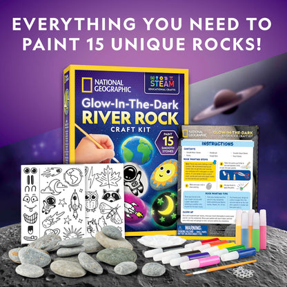 Blue Marble National Geographic Glow in The Dark Rock Painting Kit - Arts & Crafts Kit for Kids, Decorate 15 River Rocks with 15 Paints & Art Supplies, Kids Craft
