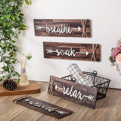 Jetec 4-Piece Farmhouse Rustic Bathroom Wall Art: Soak, Relax, Unwind, Breathe - Brown Wooden Signs with Arrows - Bathroom Decor