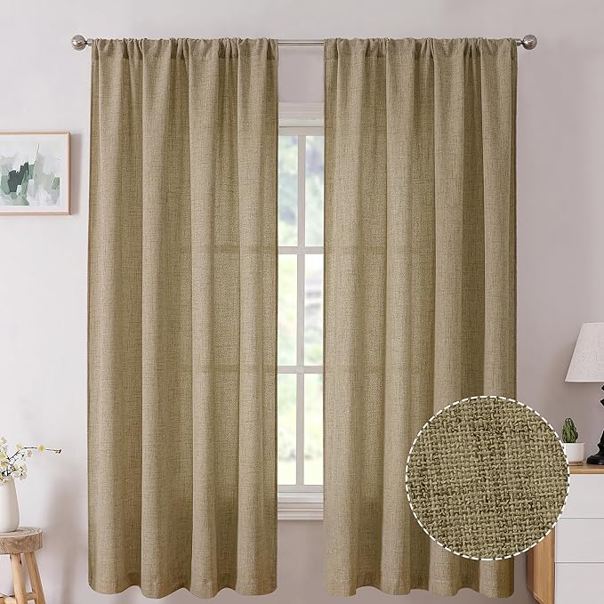 Tollpiz Short Linen Curtain Living Room Rod Pocket Semi Sheer Curtains Burlap Light Filtering Thick Linen Drape for Bedroom, 54 x 45 inches Long, Taupe, Set of 2 Panels