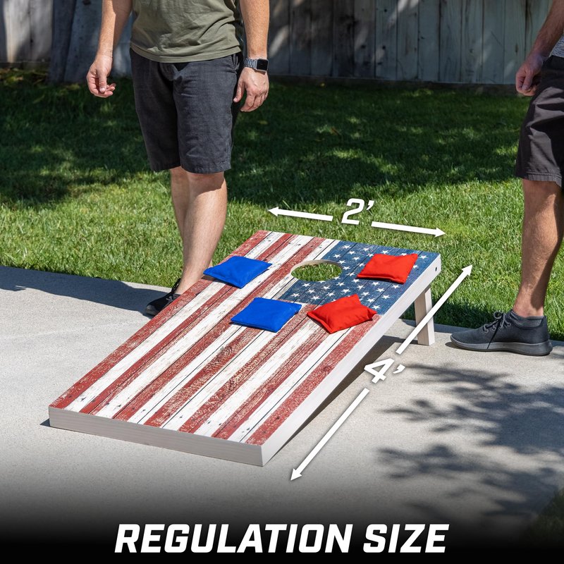 GoSports 4 x 2 ft Regulation Size Wood Cornhole Board Set - Rustic American Flag Design, Includes 2 Boards, 8 Bean Bags, Carrying Case and Game Rules