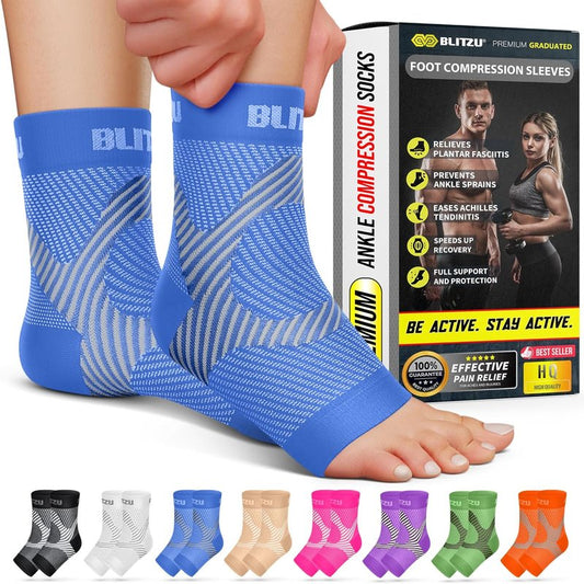 Compression Socks for Plantar Fasciitis & Achilles Tendonitis - Ankle Brace with Arch Support | Blue S-M