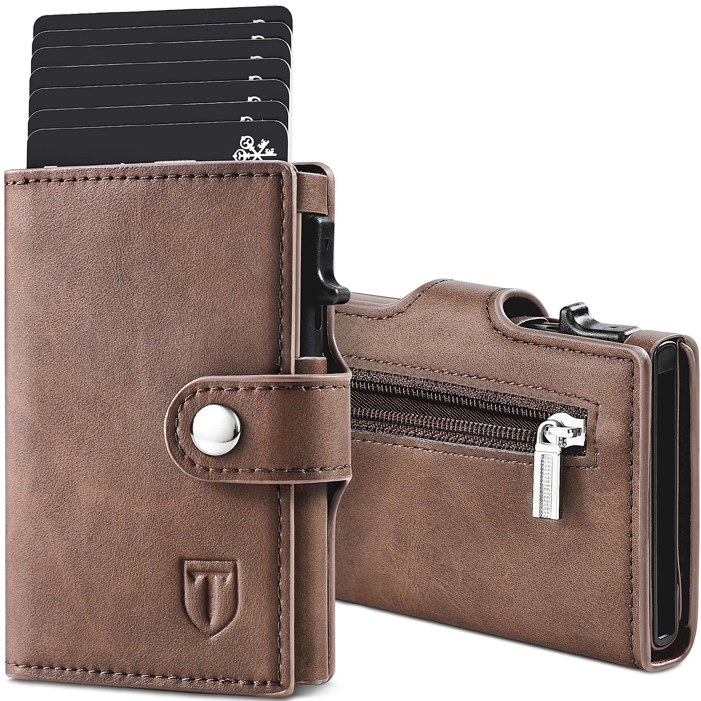 TENBST Slim Wallet with Coin Compartment, Men's RFID Protection, Faux Leather Wallet Men, Automatic Pop-Up Credit Card Case, Brown, Classic, brown, 10cm*7cm*2.1cm, Minimalist