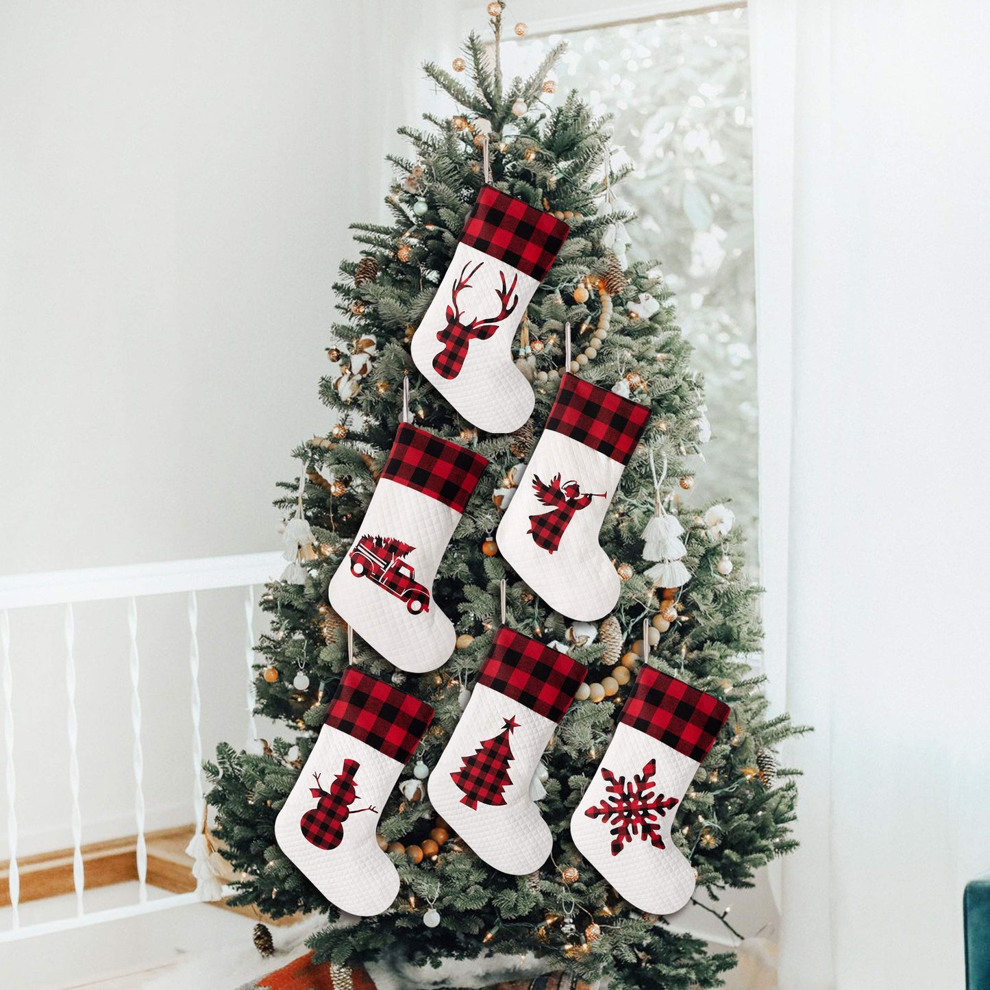 LUBOT Set of 6 Christmas Stocking(20inch) Silhouette Buffalo Red Plaid/Rustic/Farmhouse/Country Cotton Fireplace Hanging Xmas Stockings Decorations for Family Holiday Season Decor