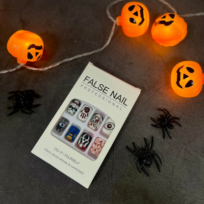 Halloween Short Press on Nails Square Fake Nails Scary Movie Characters Bloody Halloween Glue on Nails False Nails with Designs Holiday Halloween Manicure Art Decorations for Women 24Pcs