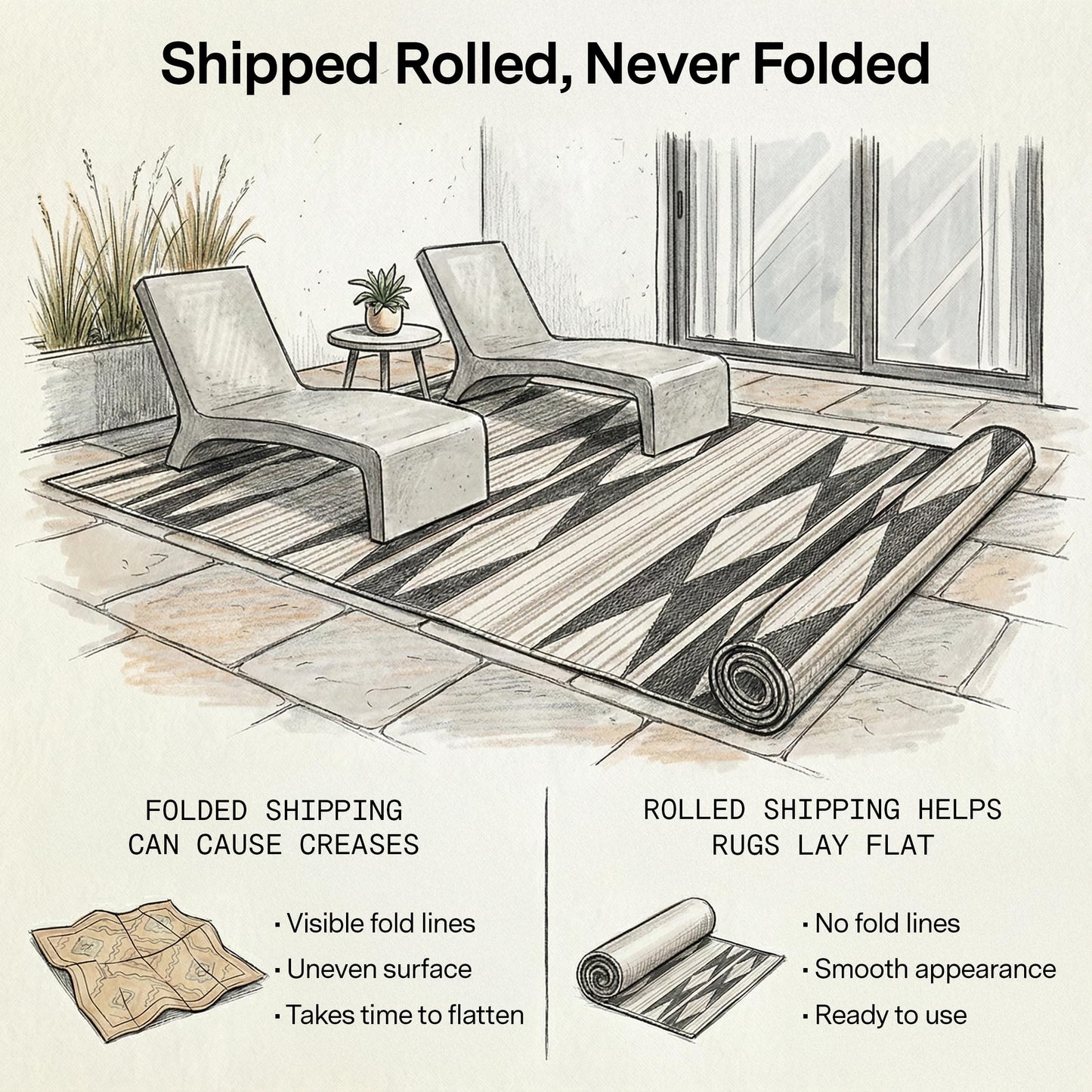 Fab Habitat Outdoor Rug - Waterproof, Fade Resistant, Crease-Free - Premium Recycled Plastic - Geometric Tribal - Patio, Deck, Porch, Balcony, Laundry Room - Cairo - Natural & Black - 4 x 6 ft
