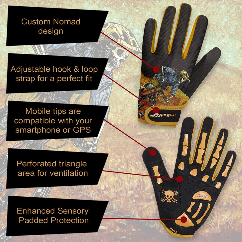 RocRide Skeleton Cycling Gloves Gel Padded Full Finger Road Mountain BMX Unisex Men Women and Youth Sizes Black with White Blue Red Pink or Green Print