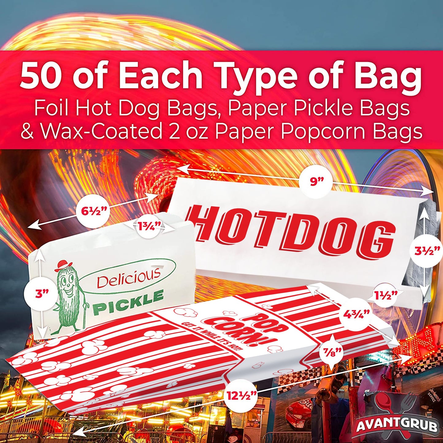 Super Fun, Grease-Proof Food Wrapper 150 Combo Pack. 50 Each Pickle, Hot Dog and Popcorn Durable Retro Bags. Snack Bag Trio for Party Favors or Treats. Great for Themed Parties, Carnival and Festival