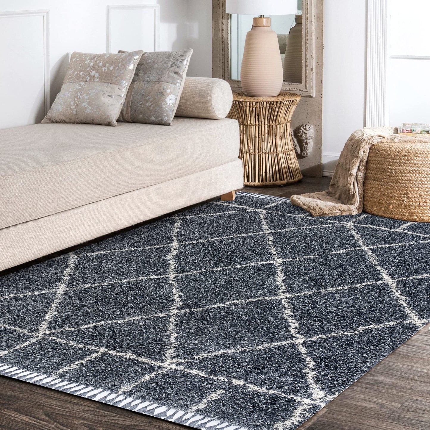 JONATHAN Y Mercer Shag Plush Tassel Blue/Cream Indoor Area Rug, 8x10, Moroccan Geometric Trellis, Easy-Cleaning for Living Room, Bedroom, Kitchen, Pet Friendly, Non-Shedding (MCR101A-8)