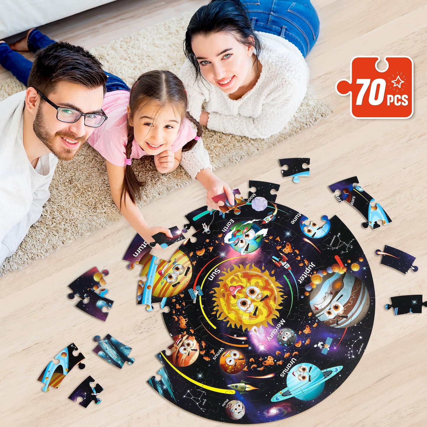 SYNARRY Giant Solar System Floor Jigsaw Puzzle for Kids 3 4 5 6 7 8 Year Olds, 70 Piece Big Round Space Planets Astronaut Jigsaw, Space Toys Gifts for Toddlers Children Boys Girls