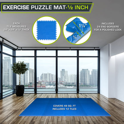 ProsourceFit Puzzle Exercise Mat ½ in, EVA Interlocking Foam Floor Tiles for Home Gym, Mat for Home Workout Equipment, Floor Padding for Kids, Black, 24 in x 24 in x ½ in, 24 Sq Ft - 6 Tiles