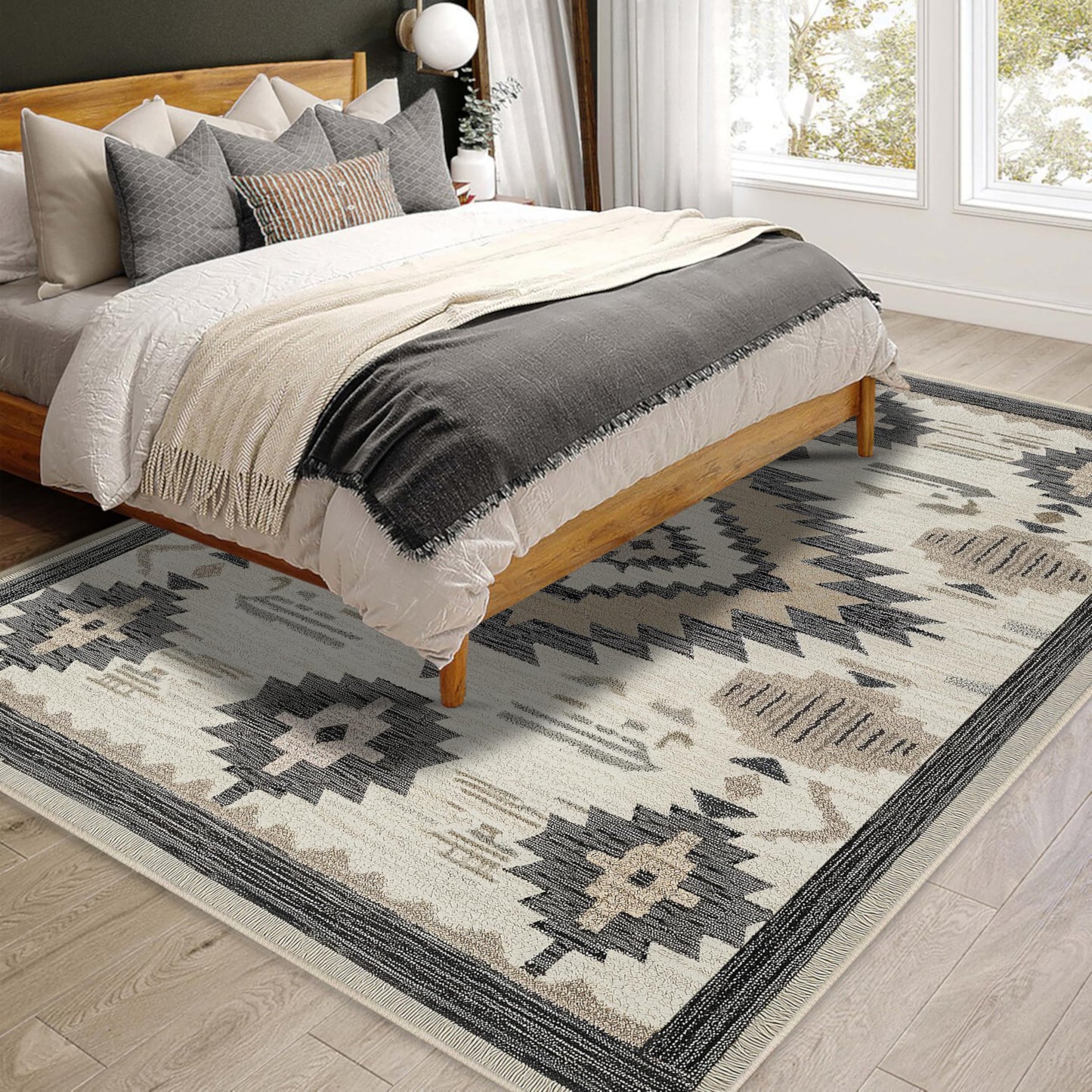 Area Rug 5x7 Western Rug Living Room Southwestern Aztec Rugs Machine Washable Tribal Navajo Southwest Rug Non Slip Printed Low-Pile Indoor Floor Carpet for Dining Room Bedroom Office, Beige