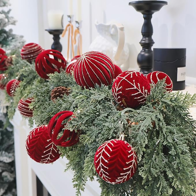 3.15INCH Burgundy Velvet Ornaments for Christmas Tree, 12PCS Glitter Flocked Christmas Ornaments Decorations Balls Set Decor