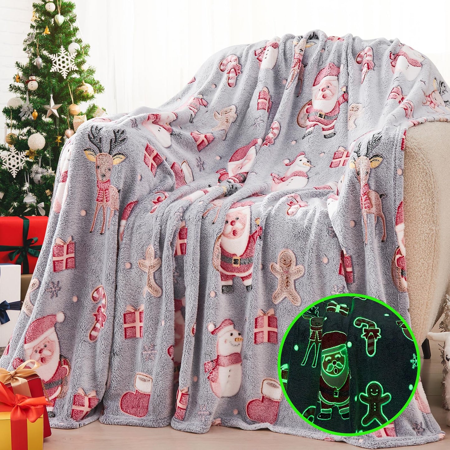 inhand Christmas Blanket,Glow in The Dark Blanket for Kids/Girls/Boys/Toddler Soft Flannel Red Santa Claus Gingerbread Candy Canes Christmas Throw Blankets for Age 3 4 5 6 7 8 9 10 11 12 13 Year Old
