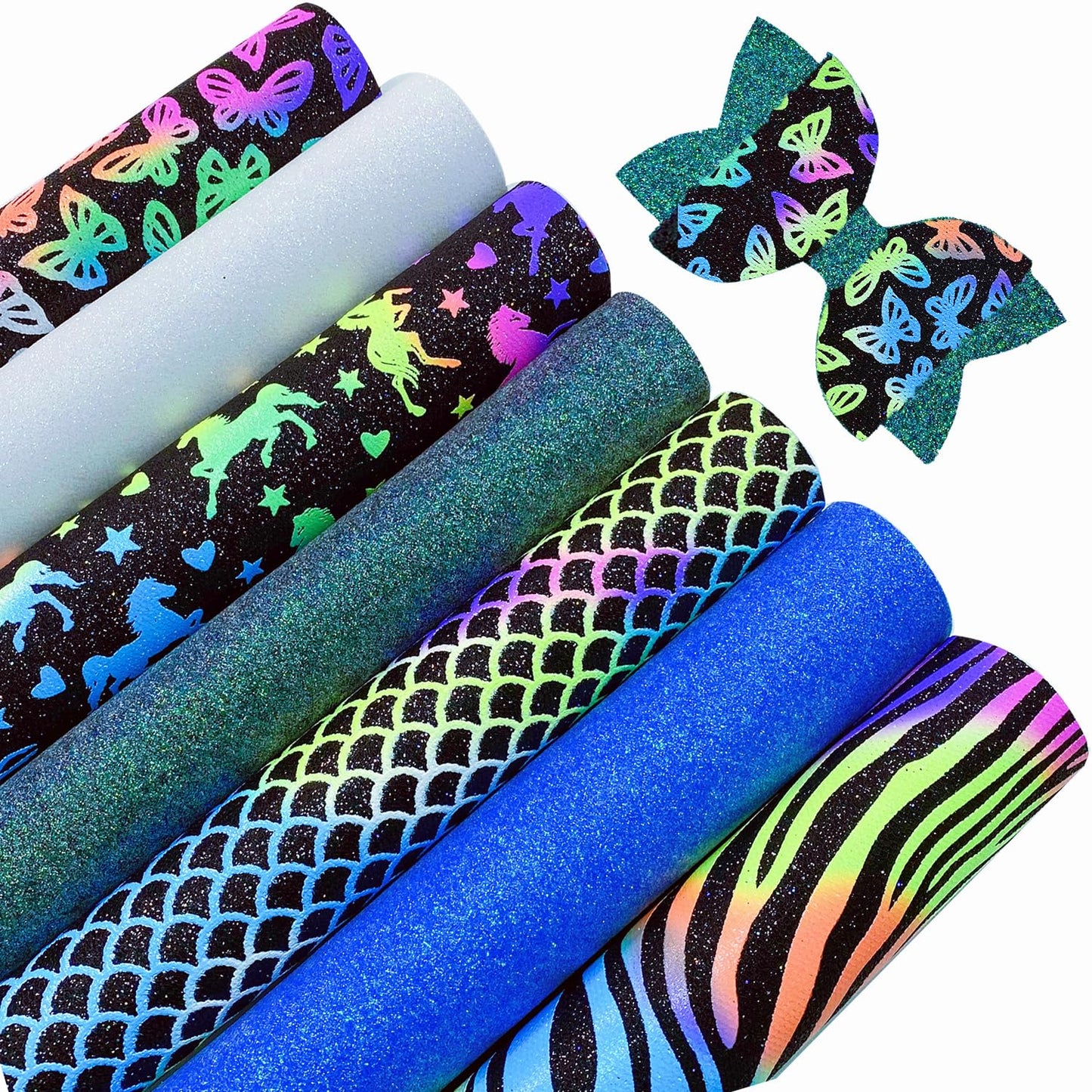 Shalun 14 pcs/Pack A4 Black Rainbow Animal Faux Leather Sheets Bright Neon Glow in The Dark Glitter Halloween Autumn PU Canvas for Cricut Sewing Embroidery 8x12 inch