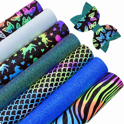 Shalun 14 pcs/Pack A4 Black Rainbow Animal Faux Leather Sheets Bright Neon Glow in The Dark Glitter Halloween Autumn PU Canvas for Cricut Sewing Embroidery 8x12 inch
