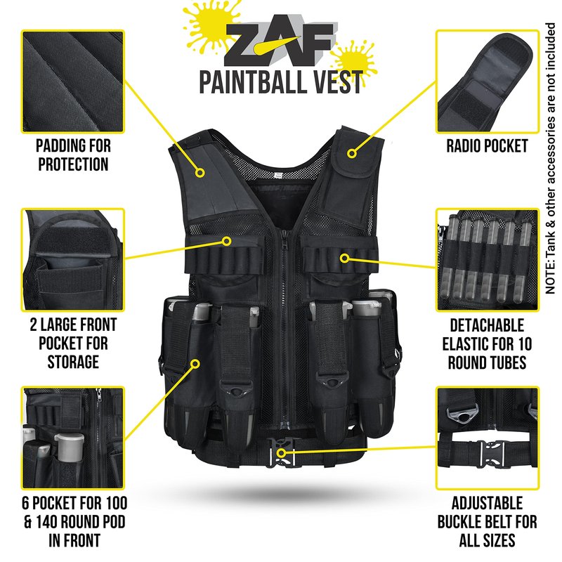 9 pod Paintball/Tactical Vest with Barrel Pouch and Neck protector Unisex Combat vest with Adjustable Sides and Shoulder to Fit all