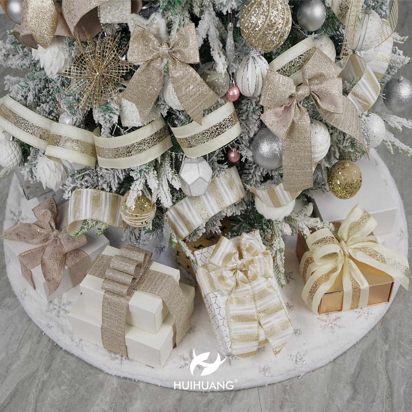 HUIHUANG Champagne Gold Christmas Ribbon Wired Champagne Glitter Christmas Tree Ribbons for X-mas Tree, Wreaths, Garlands, Home Decor, Wrapping (2.5" x 6 Rolls, 36 Yds Total)