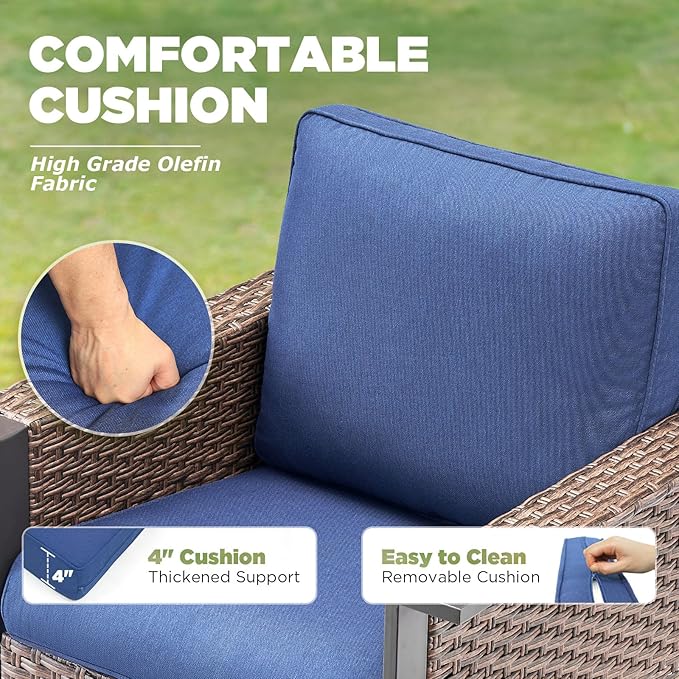 Patio Wicker Chairs Swivel Rocker-Outdoor Swivel Rocking Patio Chairs Set of 2,Wide Armrest Wicker Chair Outdoor Patio Furniture Set with Covered Cushions for Porch Balcony Patio Deck Brown/Blue