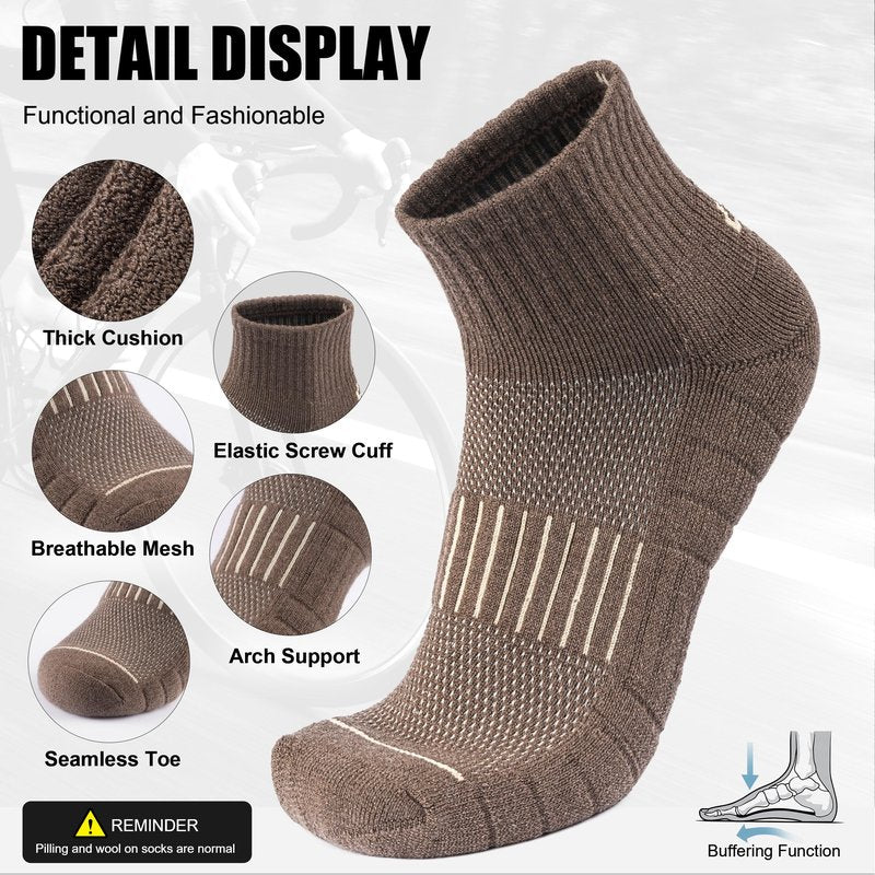 Lapulas Merino Wool Quarter Socks for Men Women, Hiking Running, Cushioned Compression Support, Thermal Thick, 5 Pairs