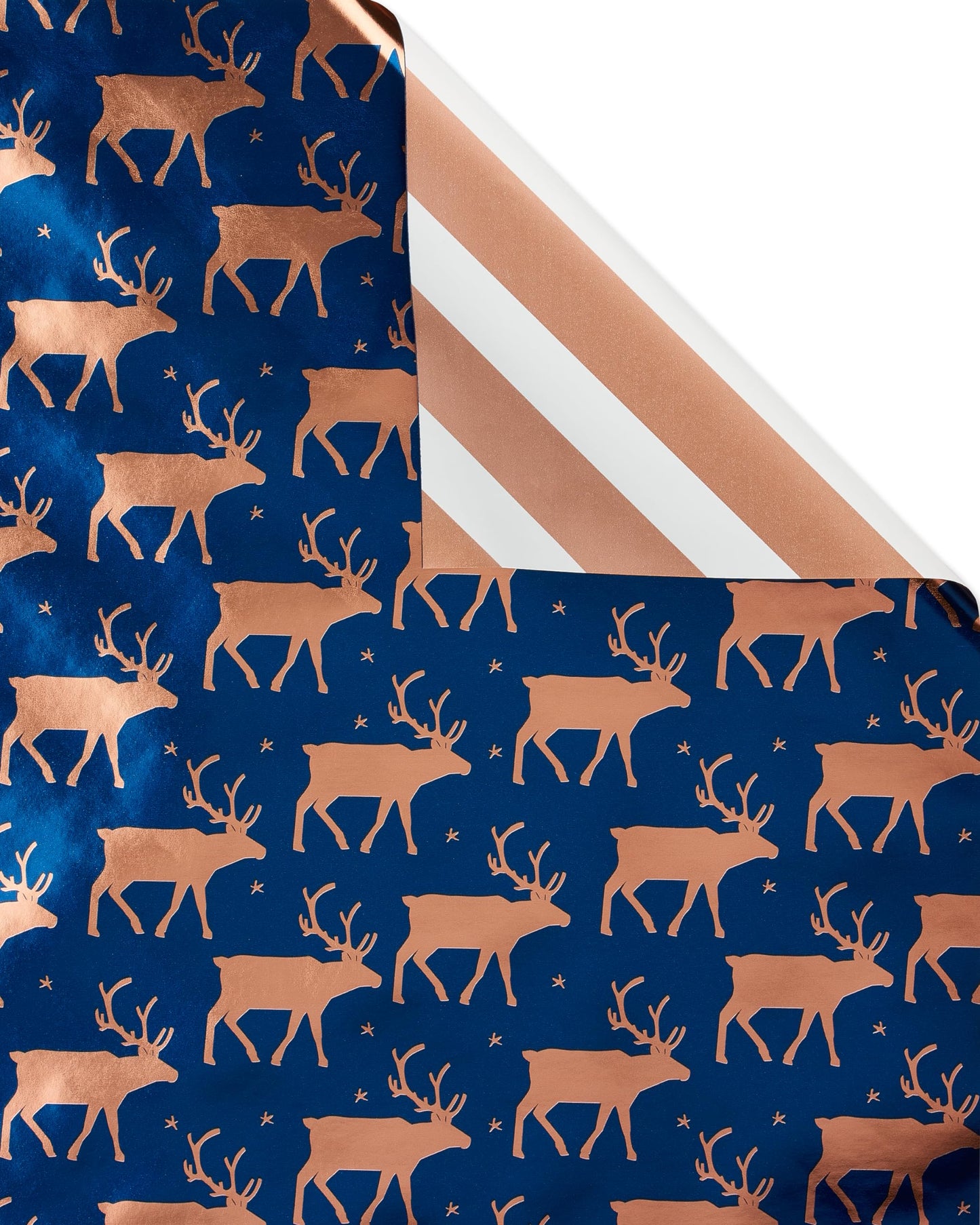American Greetings Foil Christmas Wrapping Paper Rolls, Metallic Rose Gold and Navy Blue Holiday Gift Wrap (80 sq. ft., 4 Rolls-30 in. x 8 ft., Reversible) Snowflakes, Reindeer, Merry Christmas