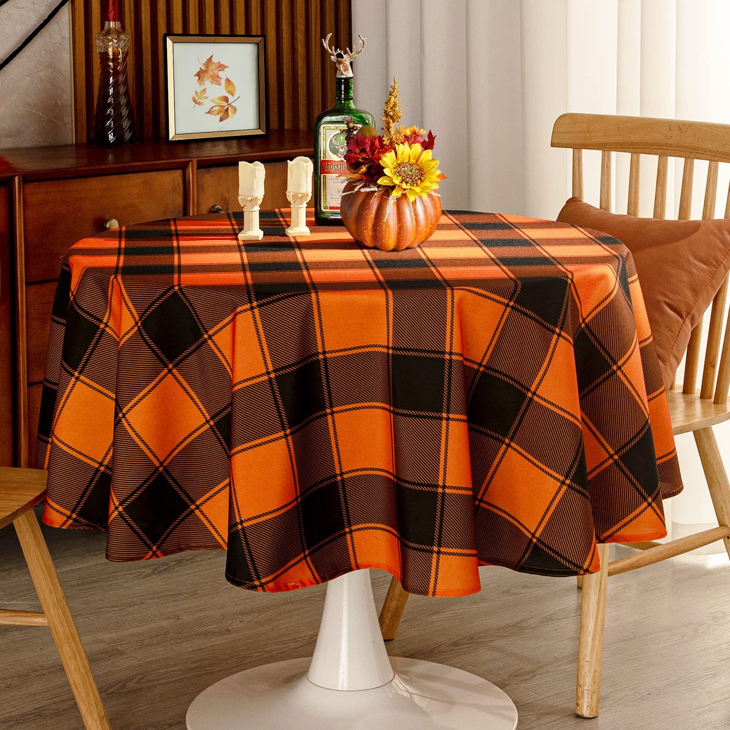 MikiUp Checkered Round Halloween Tablecloth - Waterproof, Wrinkle Resistant and Washable Gingham Table Cloth Decorative Table Cover for Party, Orange/Black 60 Inch