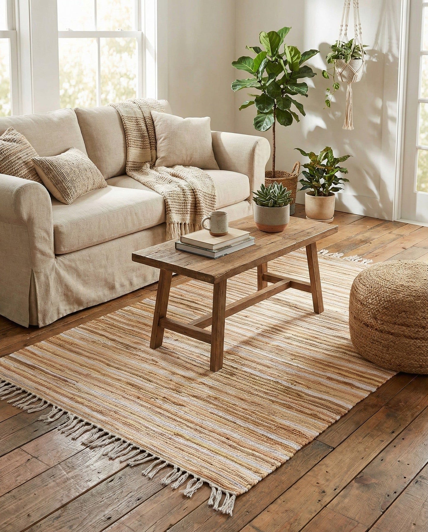 Rugs.com Chindi Cotton Collection Rug – 4' x 6' Beige Flatweave Rug Perfect for Living Rooms, Large Dining Rooms, Open Floorplans
