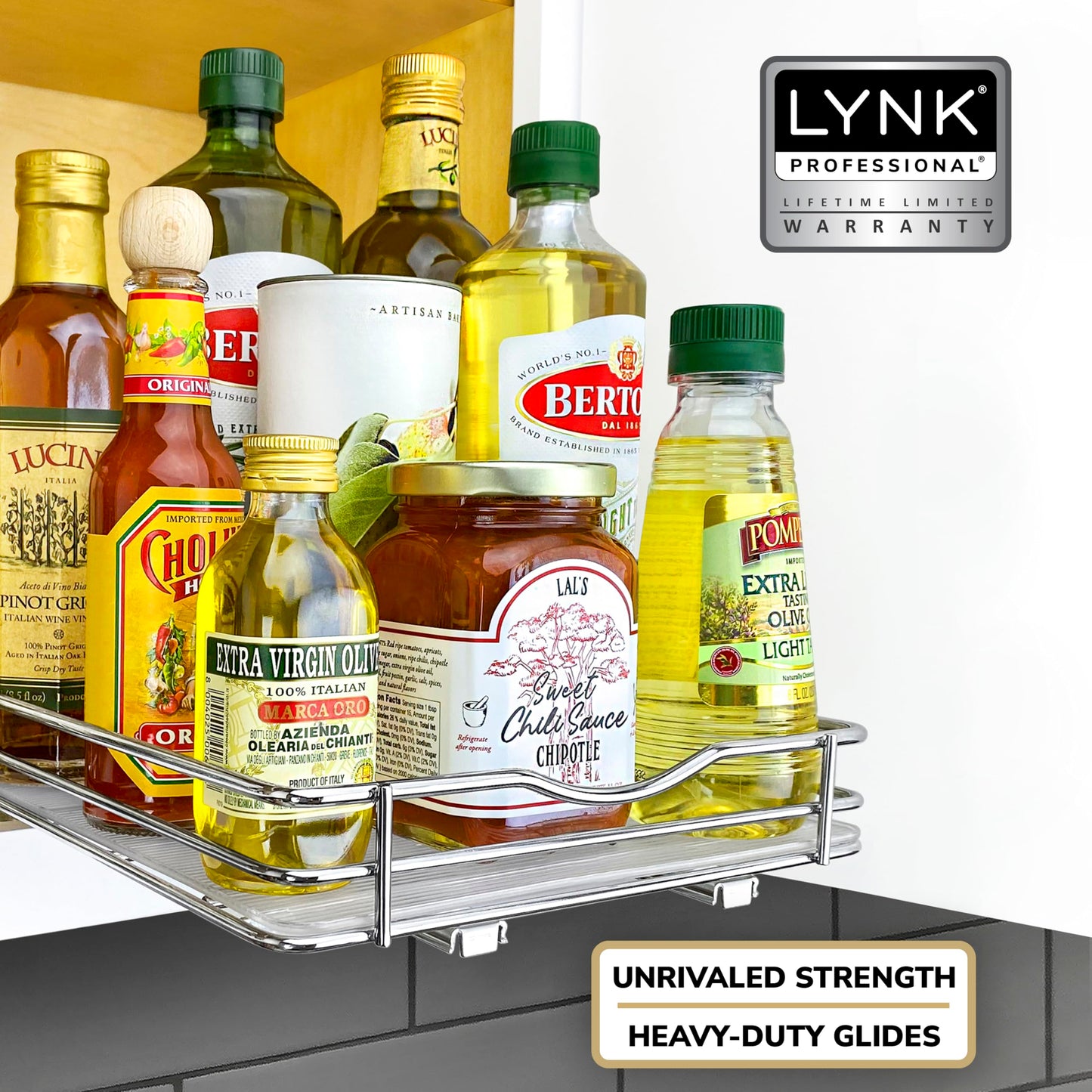 LYNK PROFESSIONAL® Pull Out Spice Rack Organizer for Inside Kitchen Cabinets - 4-1/4 inch Wide - Slide Out Drawer – Chrome Sliding Spice Cabinet Organization Shelf Racks - 2 Tier
