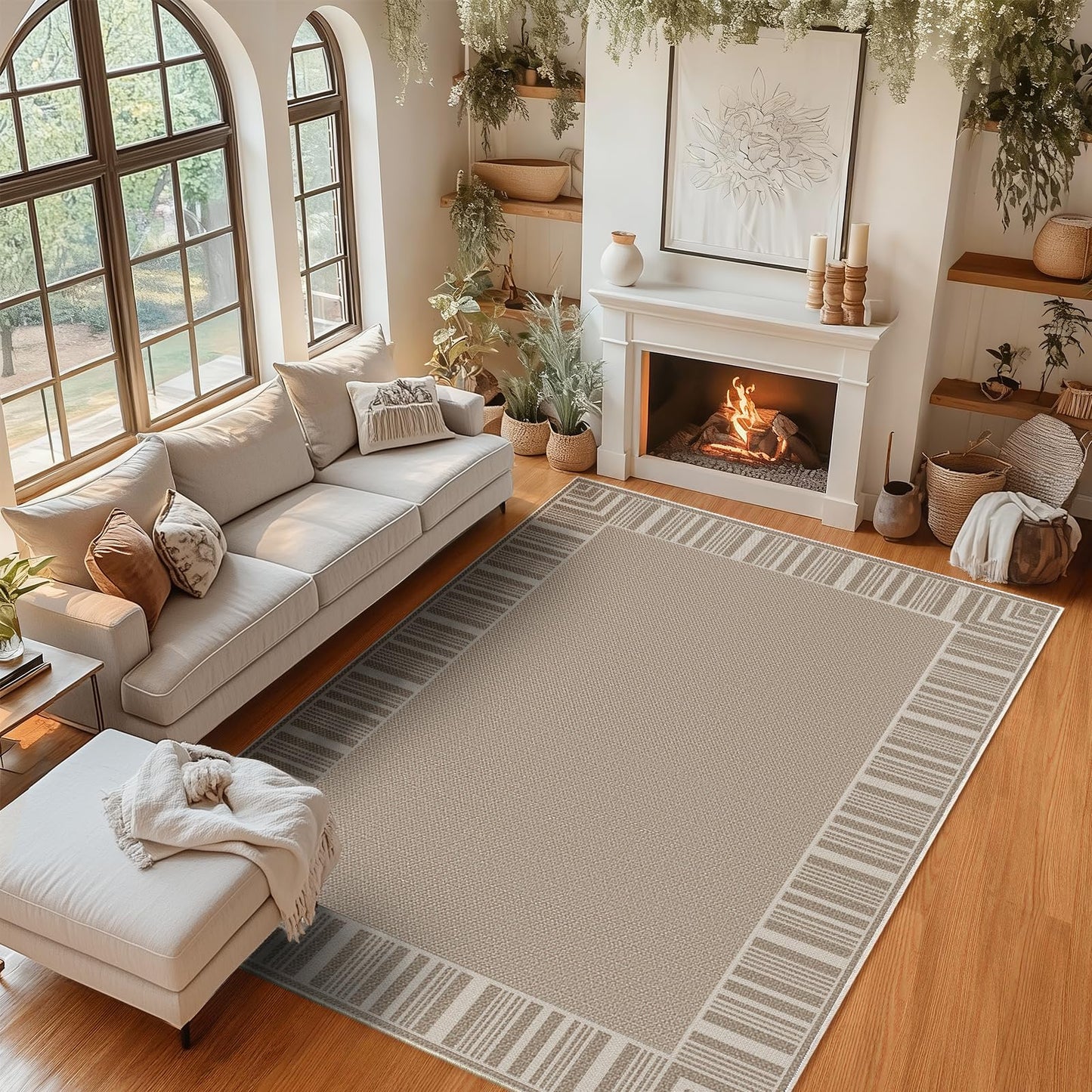 Garvee Area Rug 9x12 Washable - Extra Large Area Rug Non-Slip for Spacious Living Room, Modern Farmhouse Striped Border Carpet for Family Room, Basement, Large Bedroom, Low-Pile Floor Covering, Beige