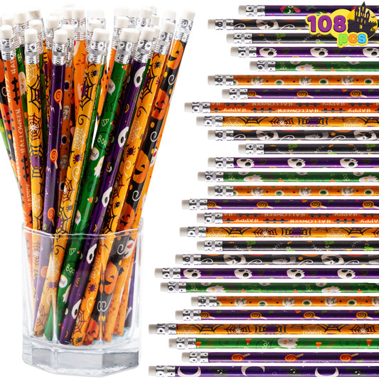 JOYIN 108 PCS Halloween Pencil Assortment with Eraser in 12 Designs, Assorted Colorful Wood Pencils Themed Stationery Set for Kids Trick or Treat, Classroom Party Favor Supply Prize, Goodie Bag Filler