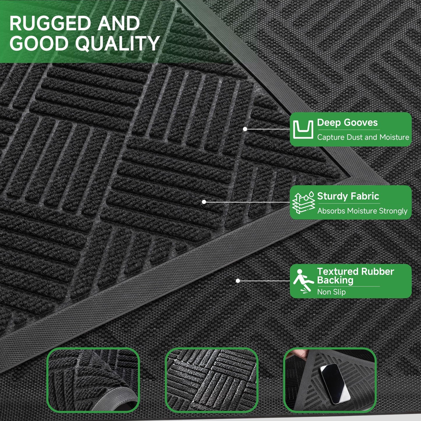 100pointONE Front Door Mat, Heavy Duty Indoor Outdoor Doormat, 72" x 36" Low Profile Outdoor Mats for Home Entrance, Stain and Fade Resistant Welcome Mat Ideal for High Traffic Area, Diamond Black