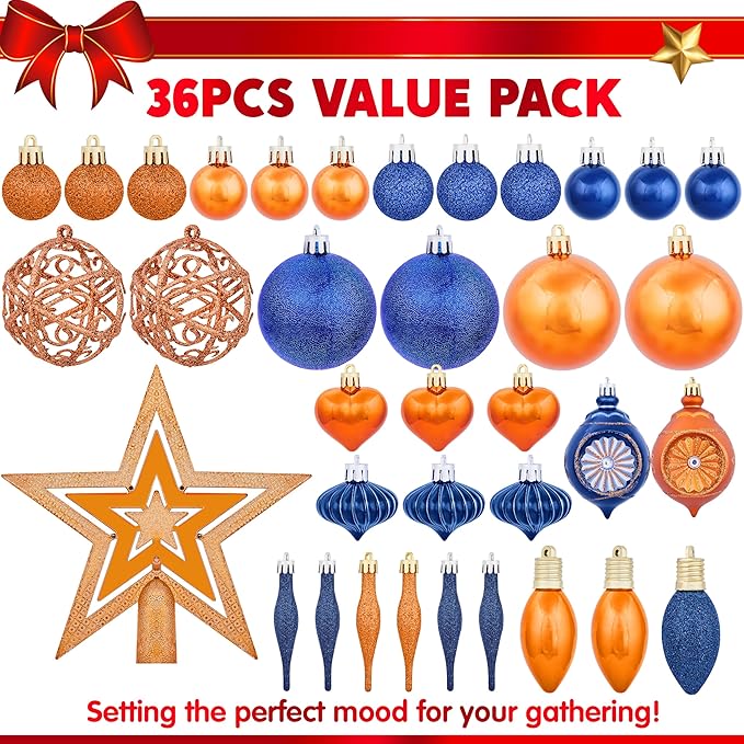 Joiedomi 36 Pcs Blue and Orange Christmas Tree Ornaments with Star Topper and Heart, Shatterproof Christmas Ball Ornaments Set, Assorted Xmas Hanging Decorations for Tree Wreath Garland Holidays