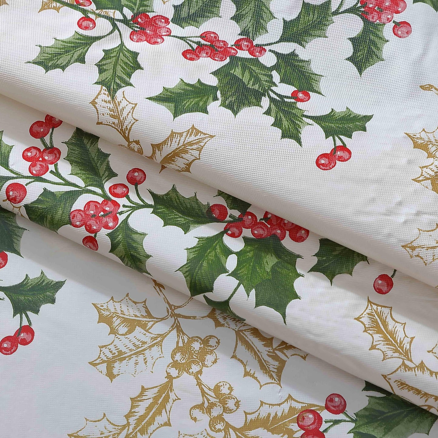 Newbridge Christmas Golden Holly Vinyl Tablecloth with Flannel Backing, Metallic Gold Holly & Berry Print, Wipe Clean Easy Care, 60 x 84 Inch Rectangle