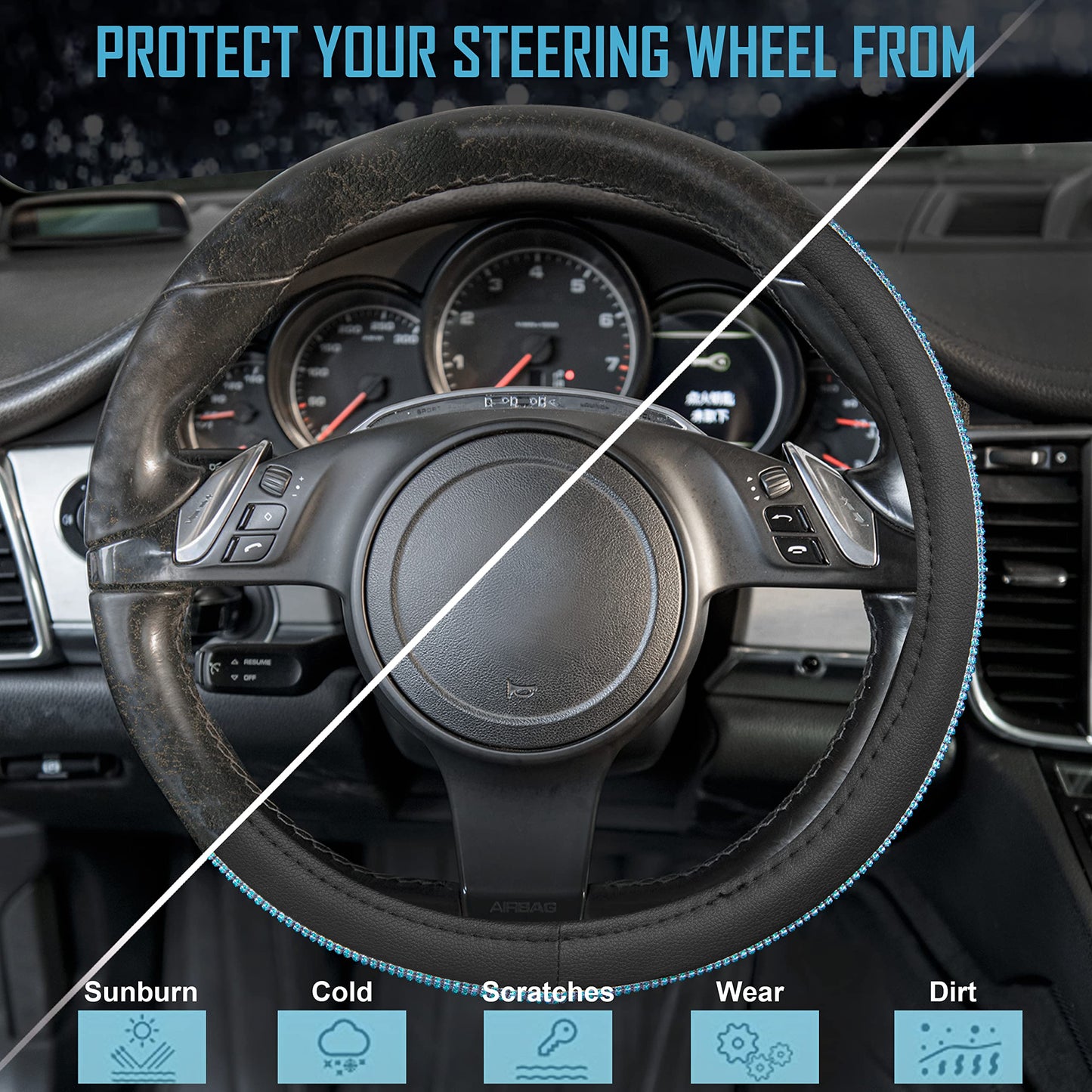 CAR PASS Mint Diamond Black Leather Steering Wheel Cover, Bling Blue Crystal Rhinestones Universal Fit 14"1/2-15" Crystal Glitter for Women Sparkle Girl Fit Suvs,Vans,Sedans,Cars,Trucks, Mint Diamond