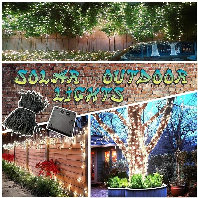 OZS 6 Pack 480LED Solar String Lights Outdoor, Waterproof 8 Modes Solar Tree Light, Green Wire Christmas Lights Outdoor for Garden, Party, Wedding, Christmas Decorations (Cool White)
