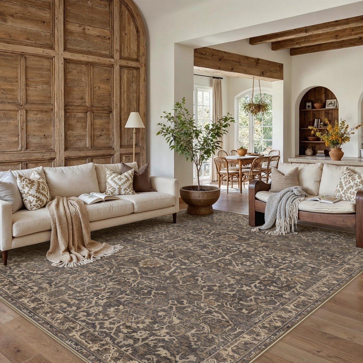 HUGEAR Area Rug 9x12 Retro Brown Machine Washable Living Room Rugs Distressed Vintage Floral Vacuumable Low Pile Carpet Bedroom Office Dining Room Laundry Room Non Slip Soft Lightweight