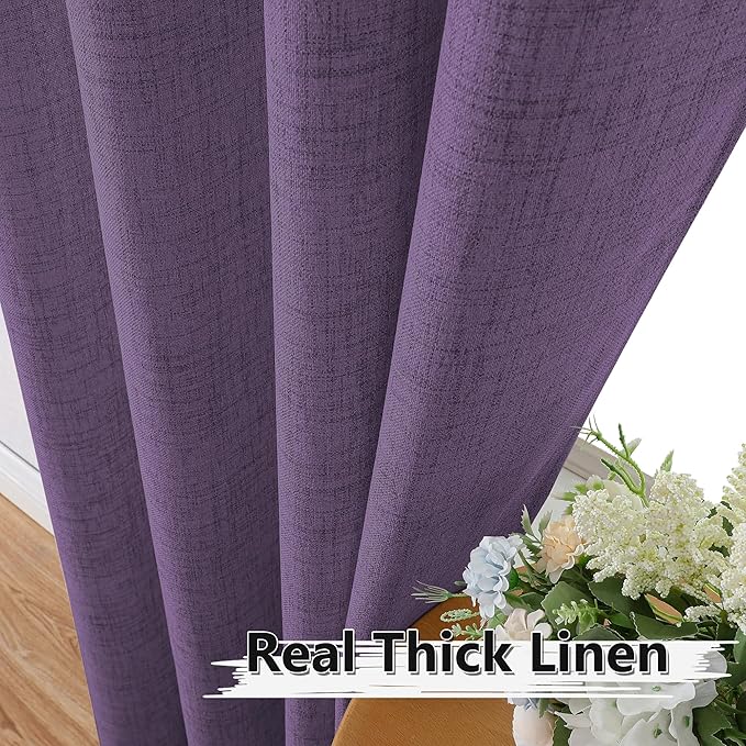 Tollpiz Linen Curtains Bedroom Rod Pocket Semi Sheer Curtain Burlap Light Filtering Thick Linen Drapes for Living Room, 54 x 84 inches Long, Royal Purple, Set of 2 Panels