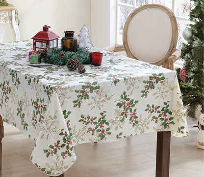 Newbridge Christmas Golden Holly Vinyl Tablecloth with Flannel Backing, Metallic Gold Holly & Berry Print, Wipe Clean Easy Care, 60 x 84 Inch Rectangle