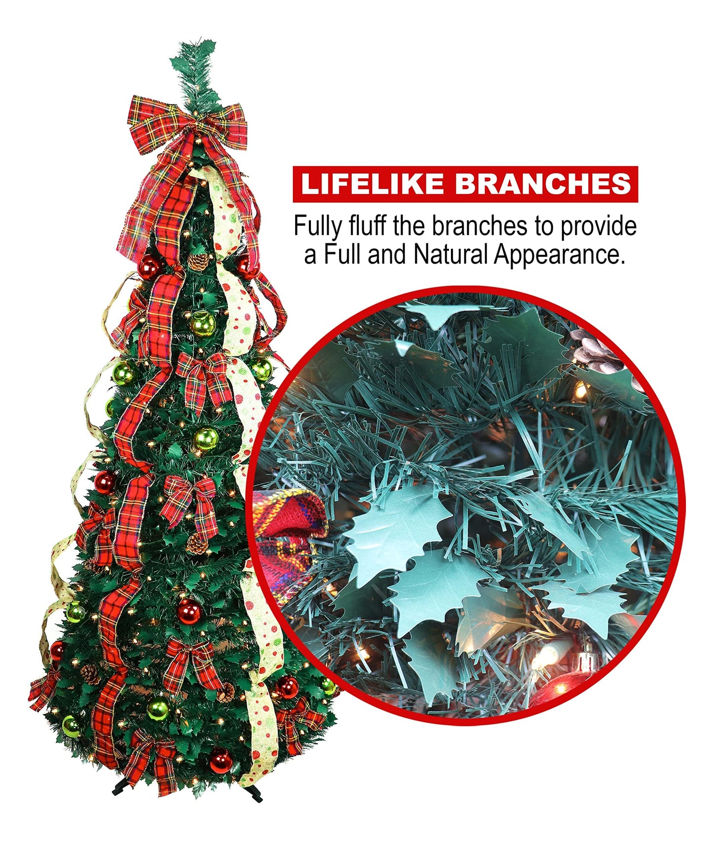 6ft Pop up Christmas Tree - Fully Decorated Pre-Lit Pull Up Tree Includes Storage Bag, Ornaments, Ribbon, Pinecones, Stand, and Warm UL Lights