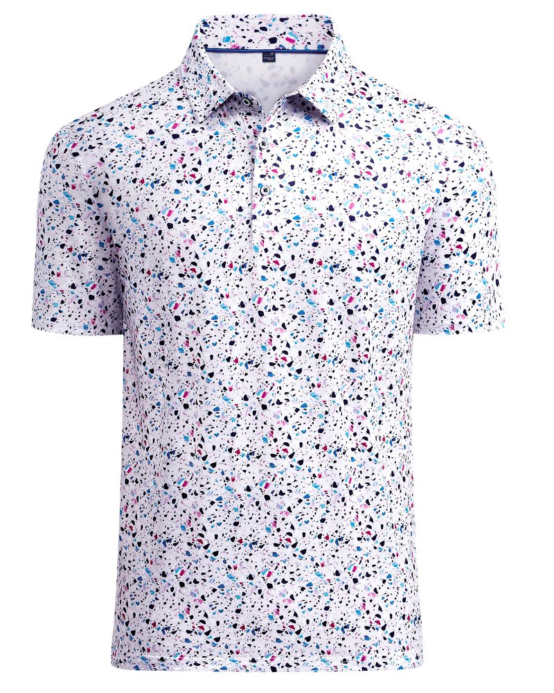 DEMEANOR Mens Golf Shirt Short Sleeve Dry Fit Performance Moisture Wicking Casual Polos Collared Polo Shirts White Dots 2XL