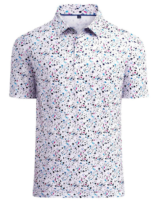 DEMEANOR Mens Golf Shirt Short Sleeve Dry Fit Performance Moisture Wicking Casual Polos Collared Polo Shirts White Dots 2XL