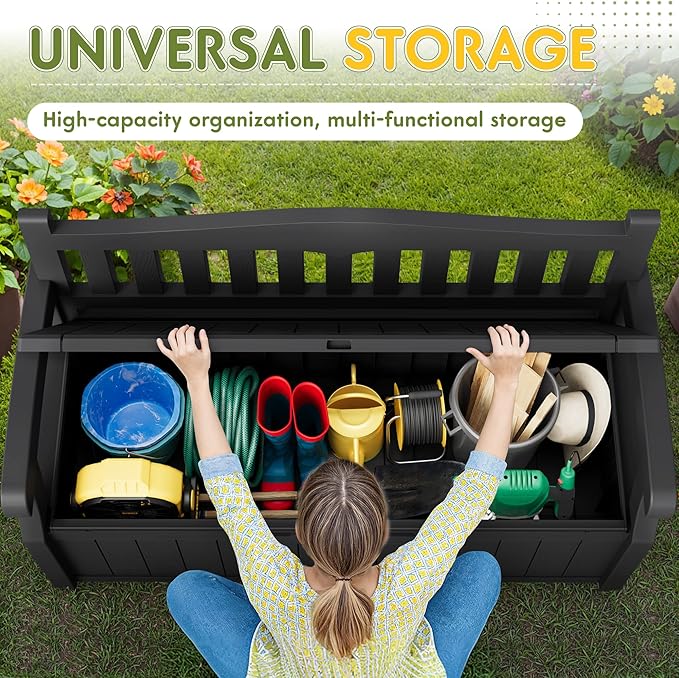 Greesum 80 Gallon Storage Bench Outdoor Deck Box with Armrest, Patio Furniture, Lockable, Waterproof and UV Resistant, Suitable for Garden, Poolside, Dark Black