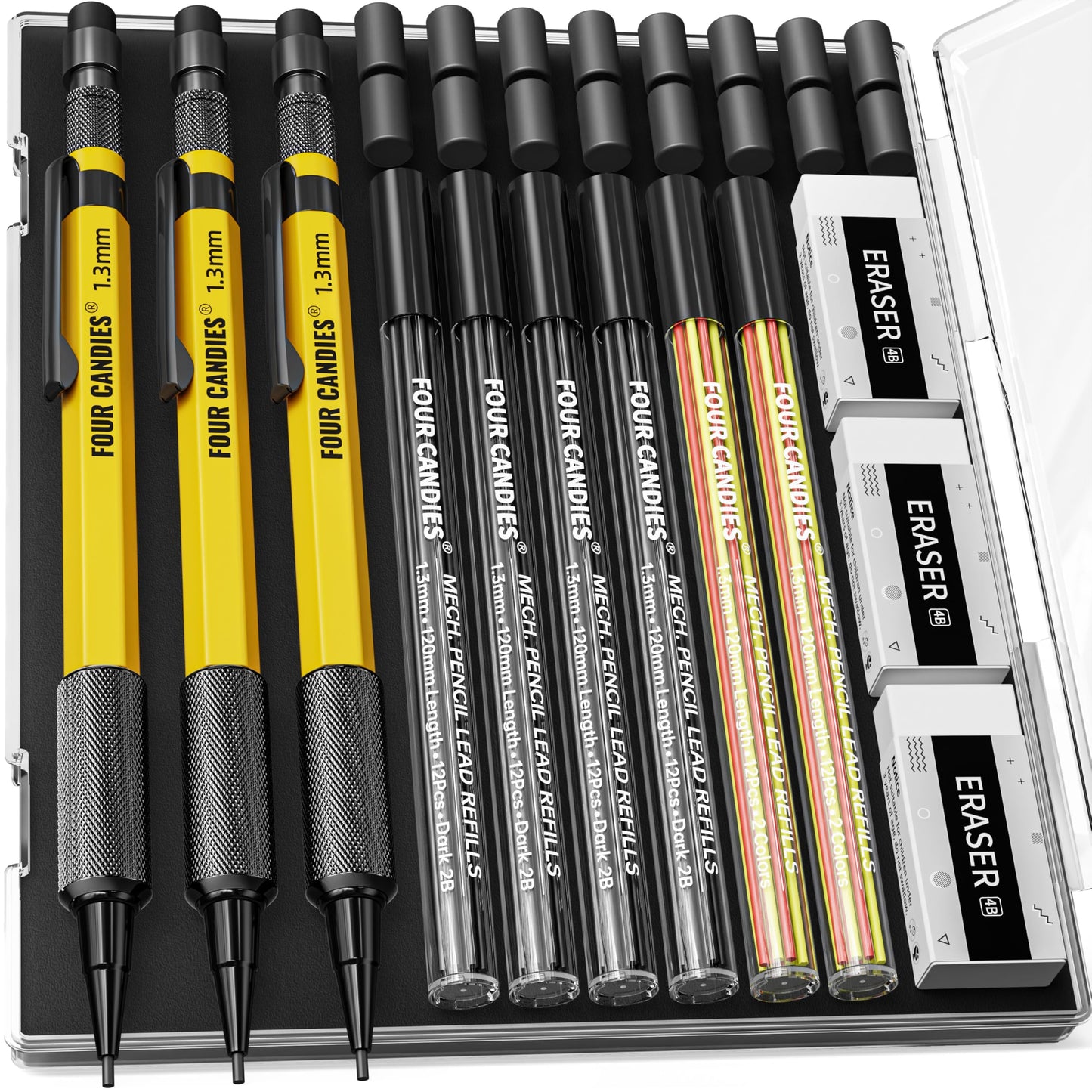 Four Candies 3PCS 1.3mm Mechanical Pencil Set with Case, Metal Heavy Duty Carpenter Pencils with 72 Refill(Red,Black,Yellow) 3Eraser, 16Eraser Refill, Weatherproof Body Outdoor Woodworking Marking